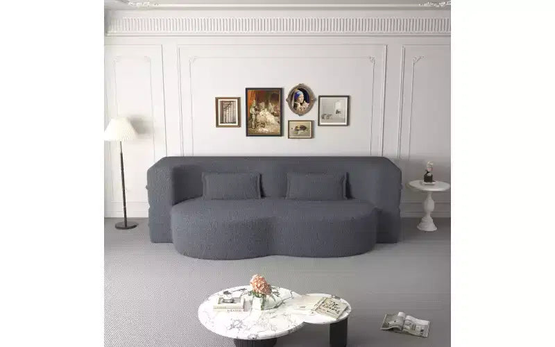 Modern Floor Sofa with 2 Pillows, Convertible Teddy Fabric Sleeper Sofa Bed for Living Room