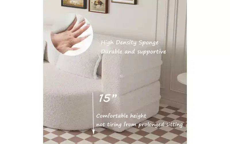 Modern Floor Sofa with 2 Pillows, Convertible Teddy Fabric Sleeper Sofa Bed for Living Room