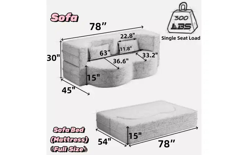 Modern Floor Sofa with 2 Pillows, Convertible Teddy Fabric Sleeper Sofa Bed for Living Room