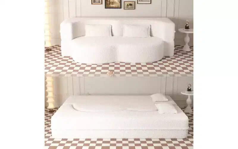 EHMKNP Modern Floor Sofa with 2 Pillows,Convertible Teddy Fabric Foam-Filled Sleeper Sofa Bed,for Living Room
