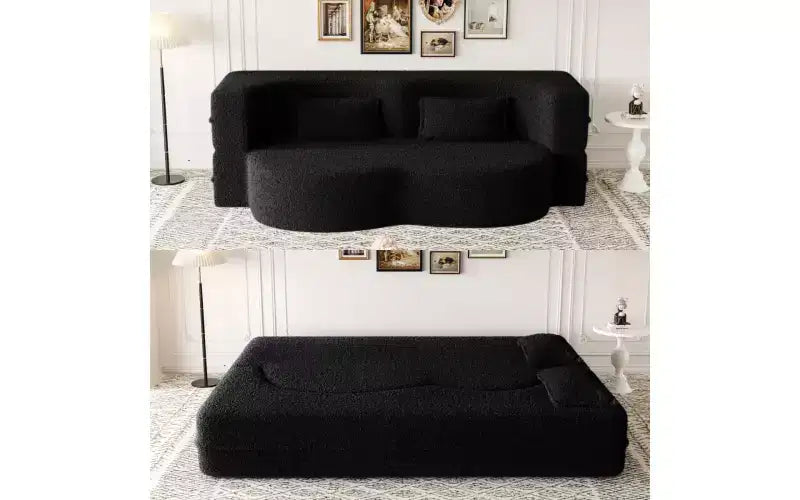Modern Floor Sofa with 2 Pillows, Convertible Teddy Fabric Sleeper Sofa Bed for Living Room