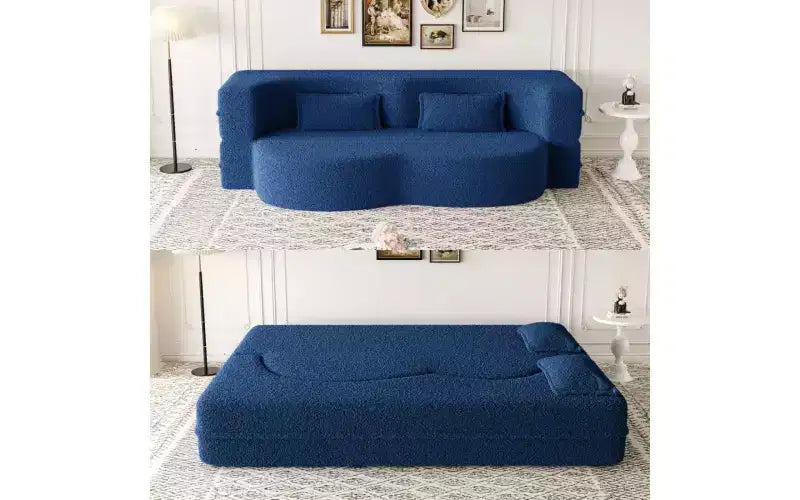 Modern Floor Sofa with 2 Pillows, Convertible Teddy Fabric Sleeper Sofa Bed for Living Room
