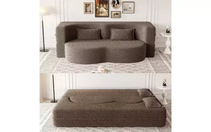 Modern Floor Sofa with 2 Pillows, Convertible Teddy Fabric Sleeper Sofa Bed for Living Room