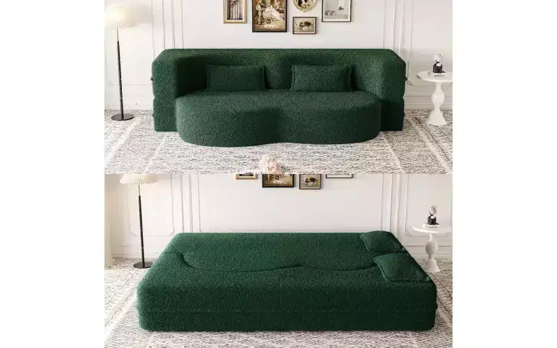 Modern Floor Sofa with 2 Pillows, Convertible Teddy Fabric Sleeper Sofa Bed for Living Room