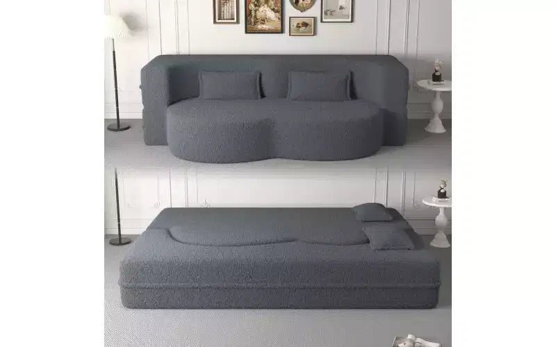 Modern Floor Sofa with 2 Pillows, Convertible Teddy Fabric Sleeper Sofa Bed for Living Room