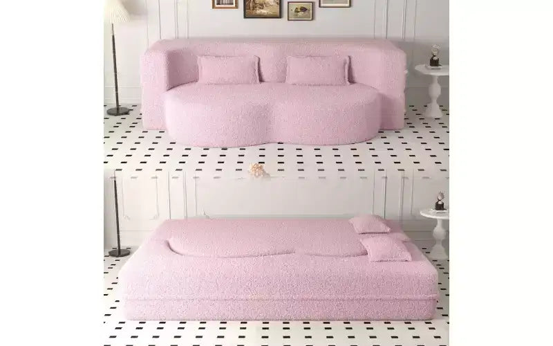 Modern Floor Sofa with 2 Pillows, Convertible Teddy Fabric Sleeper Sofa Bed for Living Room