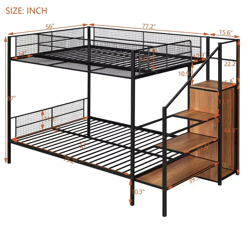 Metal Bunk Bed with Storage Stairs and Wardrobe, Black