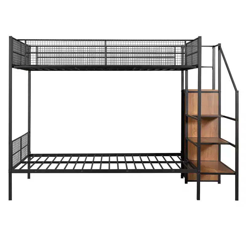 Metal Bunk Bed with Storage Stairs and Wardrobe, Black