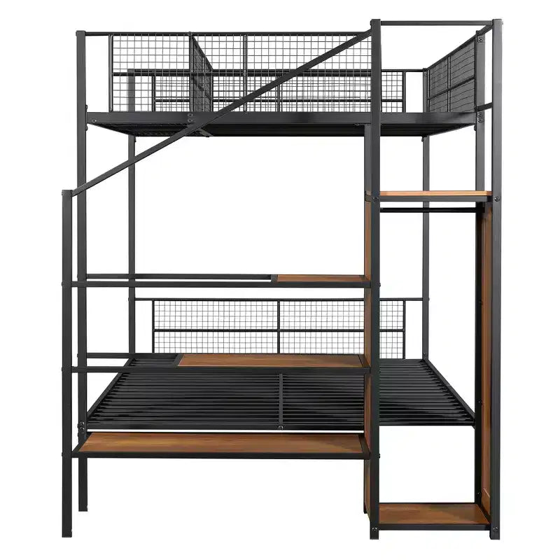 Metal Bunk Bed with Storage Stairs and Wardrobe, Black