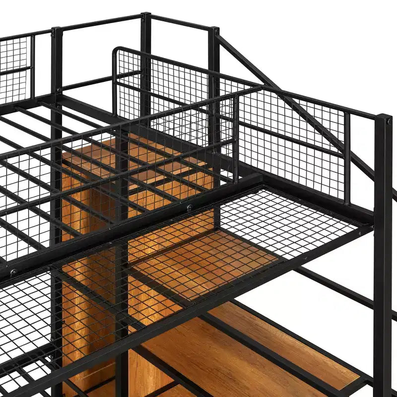 Metal Bunk Bed with Storage Stairs and Wardrobe, Black
