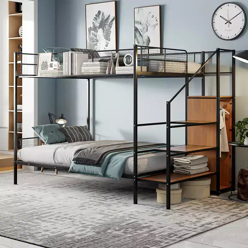 Metal Bunk Bed with Storage Stairs and Wardrobe, Black