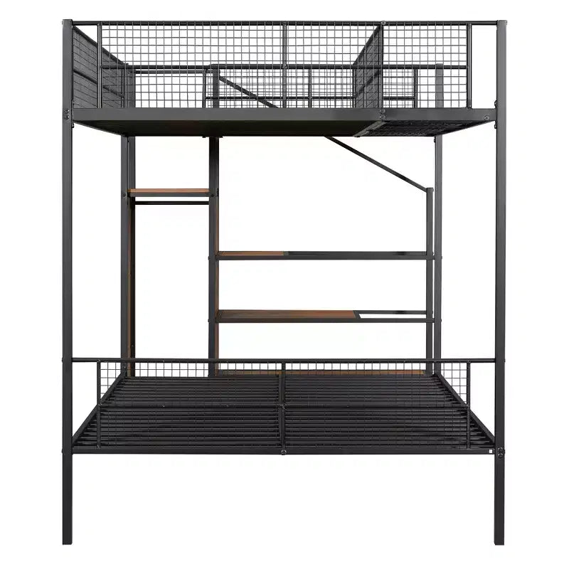 Metal Bunk Bed with Storage Stairs and Wardrobe, Black