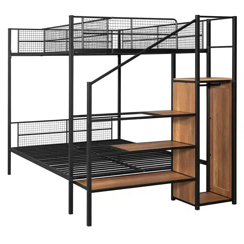 Metal Bunk Bed with Storage Stairs and Wardrobe, Black