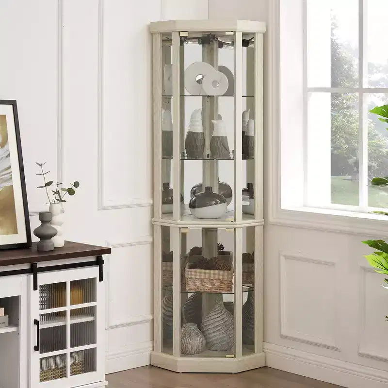 69 Lighted Corner Curio Cabinet with Tempered Glass Door & Shelves, LED Display Case Curved Wall Corner Storage Rack for Bar and Liquor Storage Area