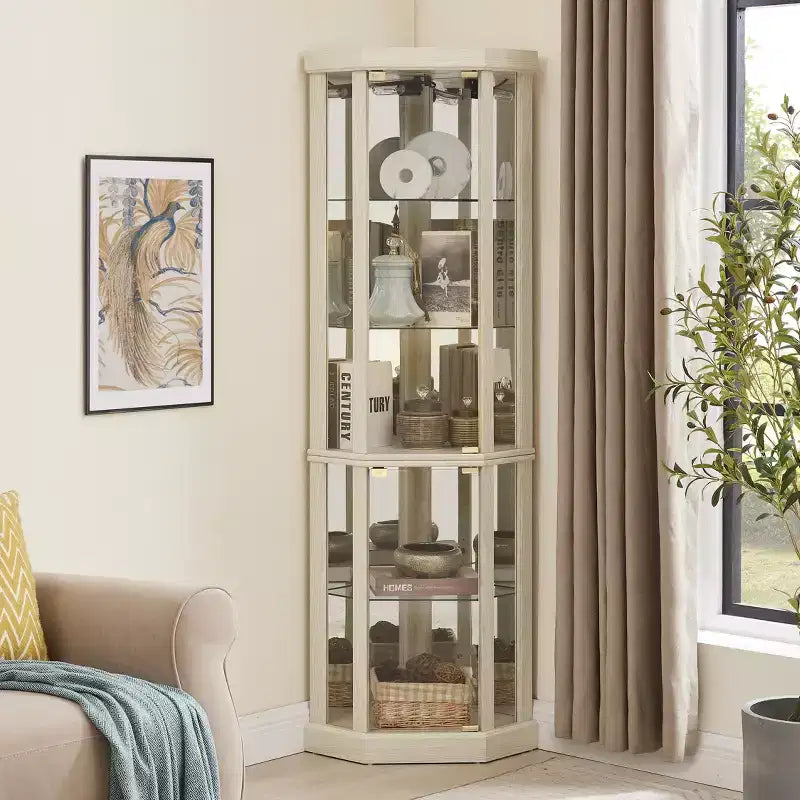 Lighted Corner Curio Cabinet with Tempered Glass Door & LED Display