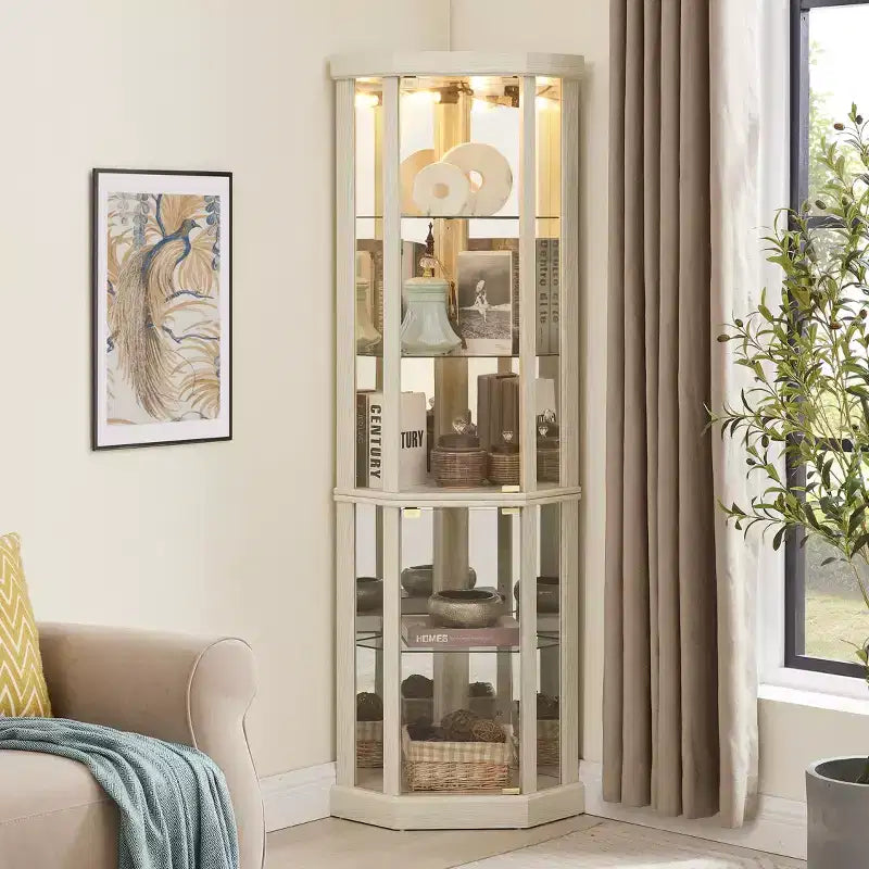 Lighted Corner Curio Cabinet with Tempered Glass Door & LED Display