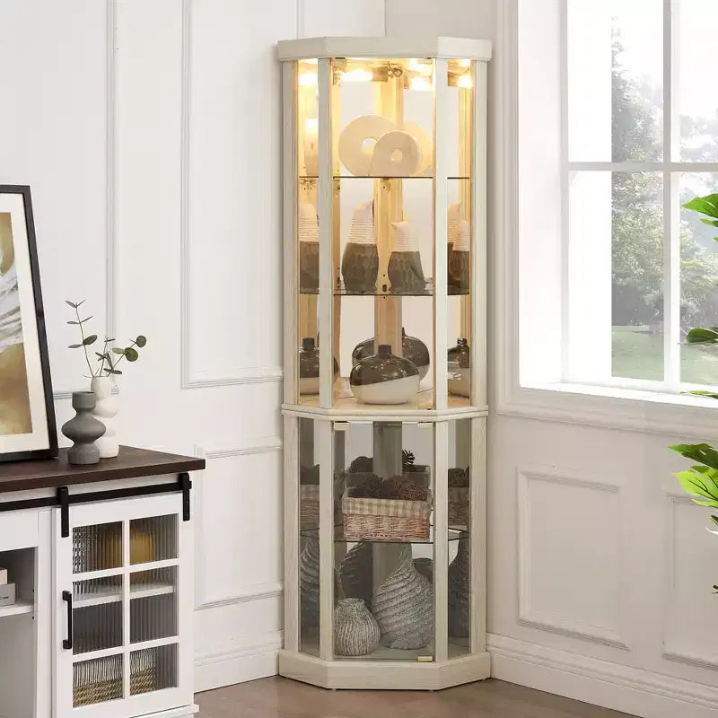 Lighted Corner Curio Cabinet with Tempered Glass Door & LED Display