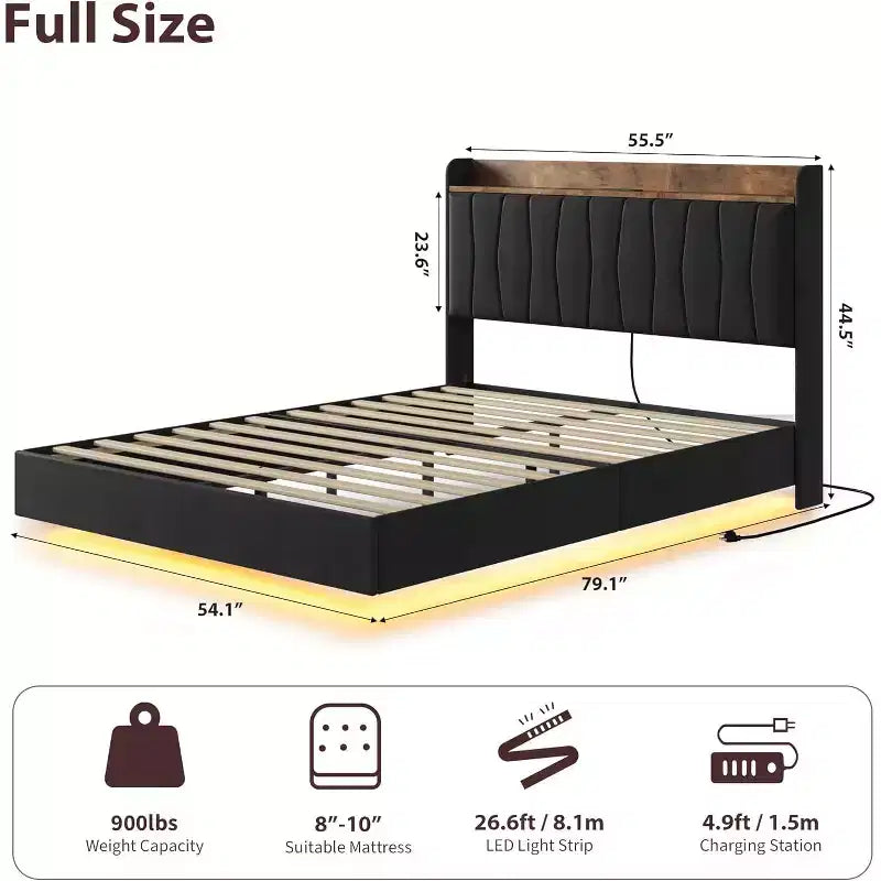 Floating Platform Bed with Headboard, LED Lights & Charging Ports