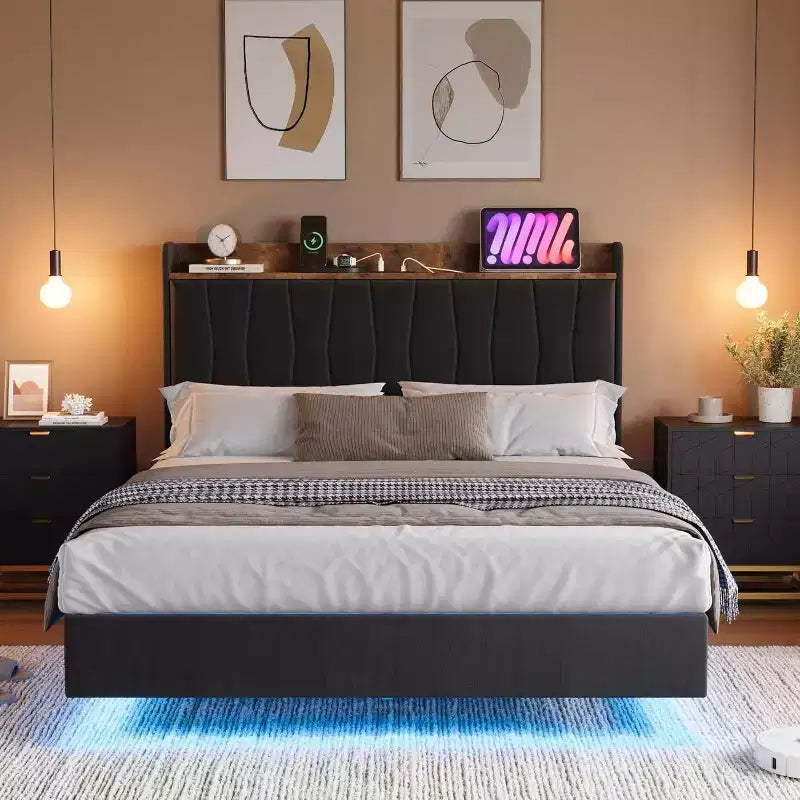 Floating Platform Bed with Headboard, LED Lights & Charging Ports
