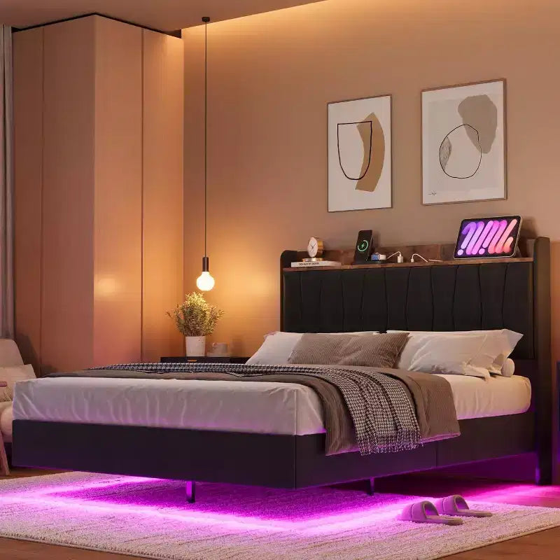 Floating Platform Bed with Headboard, LED Lights & Charging Ports