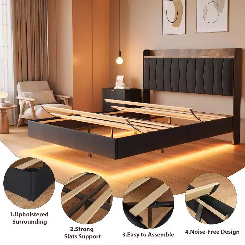 Floating Platform Bed with Headboard, LED Lights & Charging Ports