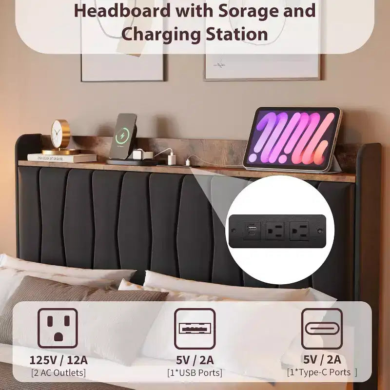 Floating Platform Bed with Headboard, LED Lights & Charging Ports