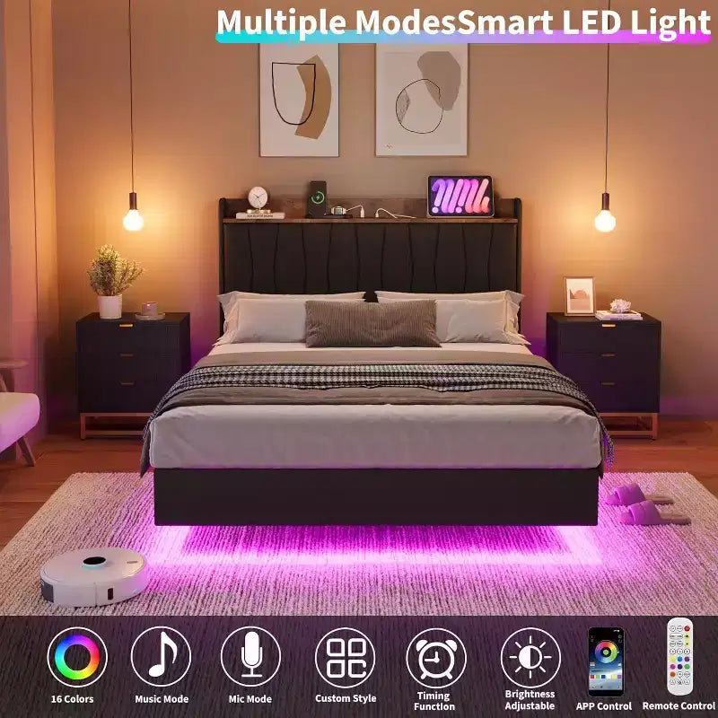 Floating Platform Bed with Headboard, LED Lights & Charging Ports
