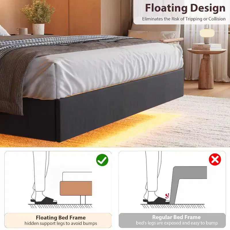 Floating Platform Bed with Headboard, LED Lights & Charging Ports