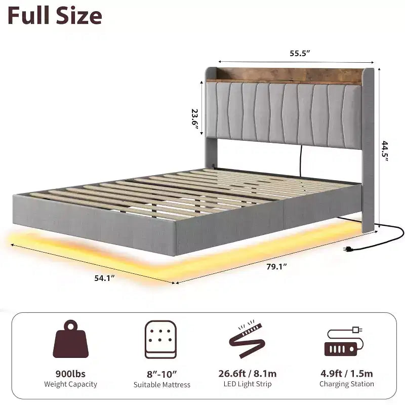 Floating Platform Bed with Headboard, LED Lights & Charging Ports