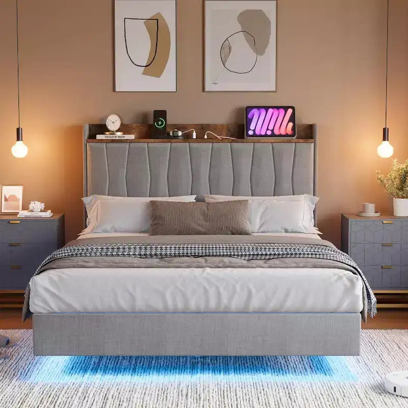 Floating Platform Bed with Headboard, LED Lights & Charging Ports