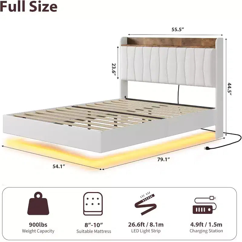 Floating Platform Bed with Headboard, LED Lights & Charging Ports