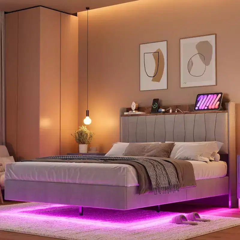Floating Platform Bed with Headboard, LED Lights & Charging Ports