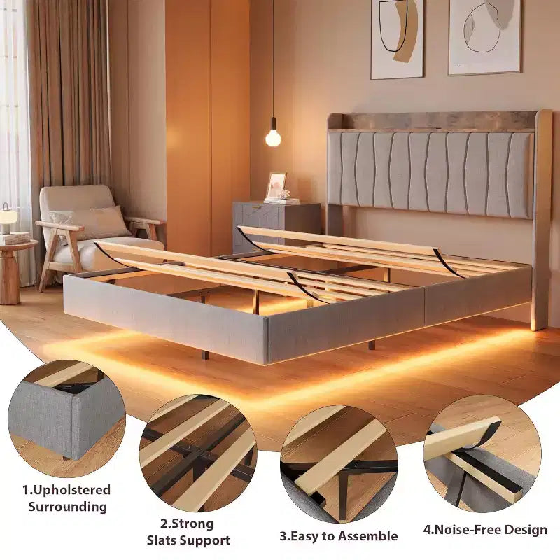 Floating Platform Bed with Headboard, LED Lights & Charging Ports