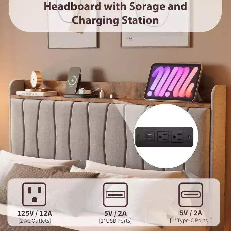 Floating Platform Bed with Headboard, LED Lights & Charging Ports