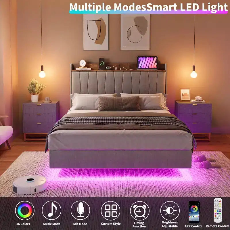 Floating Platform Bed with Headboard, LED Lights & Charging Ports