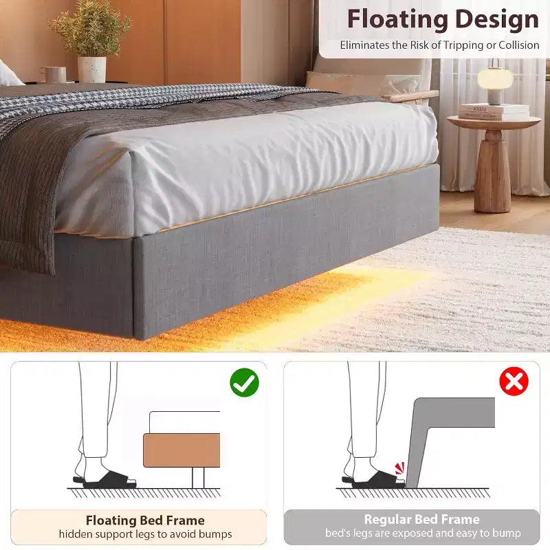 Floating Platform Bed with Headboard, LED Lights & Charging Ports