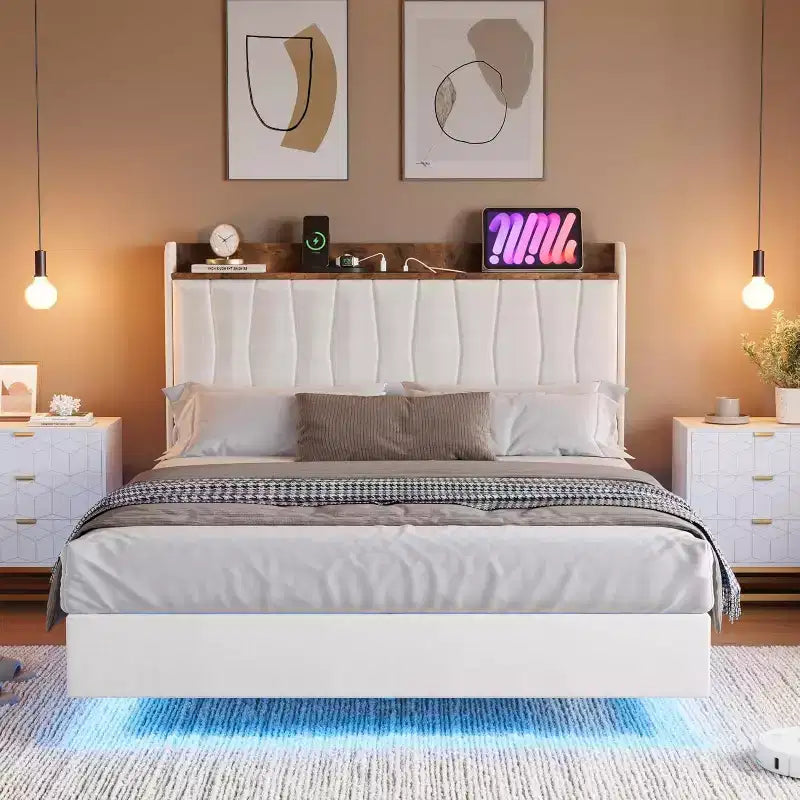 Floating Platform Bed with Headboard, LED Lights & Charging Ports