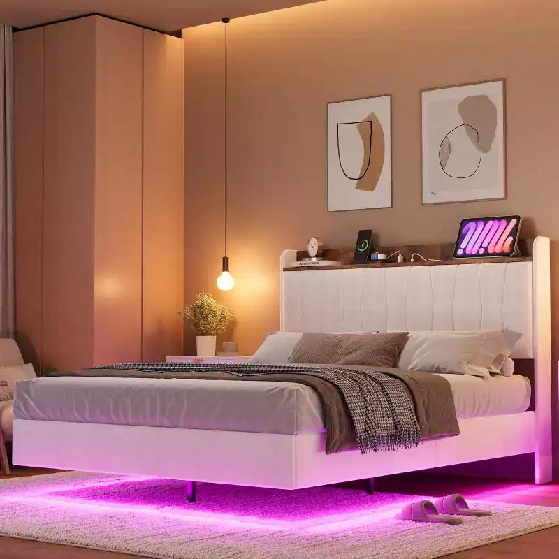 Floating Platform Bed with Headboard, LED Lights & Charging Ports