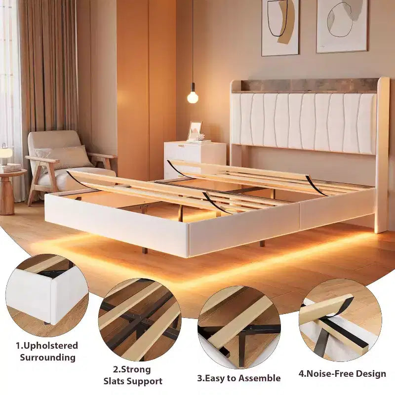 Floating Platform Bed with Headboard, LED Lights & Charging Ports