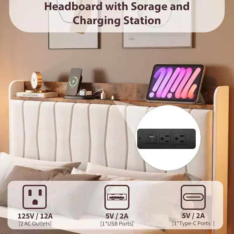 Floating Platform Bed with Headboard, LED Lights & Charging Ports