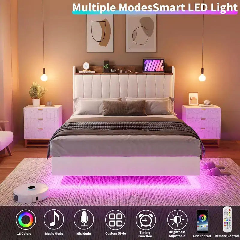 Floating Platform Bed with Headboard, LED Lights & Charging Ports