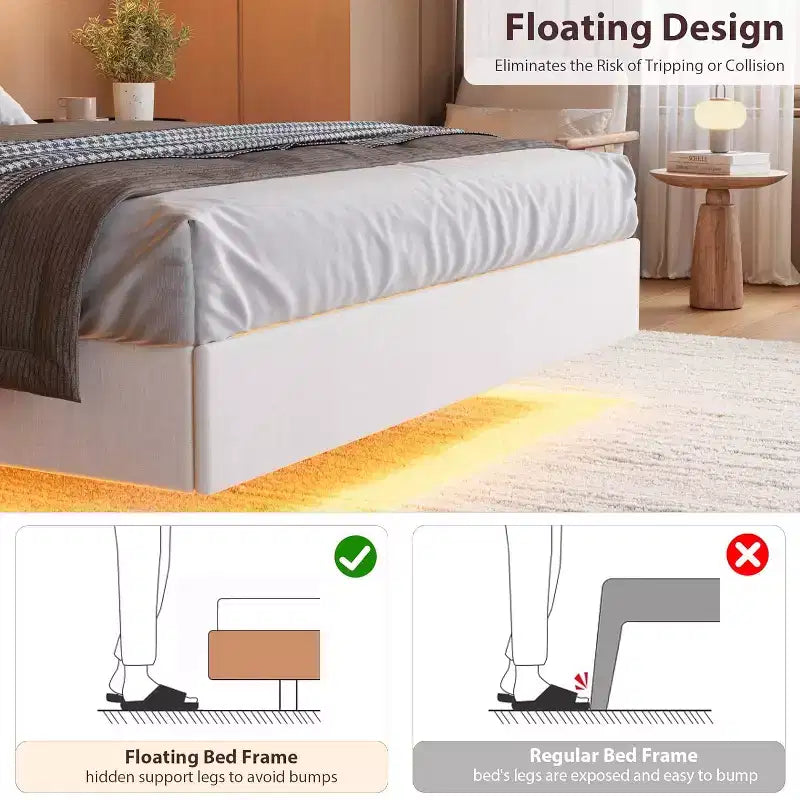 Floating Platform Bed with Headboard, LED Lights & Charging Ports