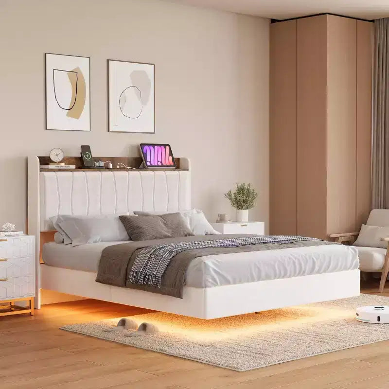 Bed Frame, Floating Platform Bed with Headboard, Charging Ports, Modern Upholstered Bedframe with Sturdy Wood Slats, No Box Spring Needed