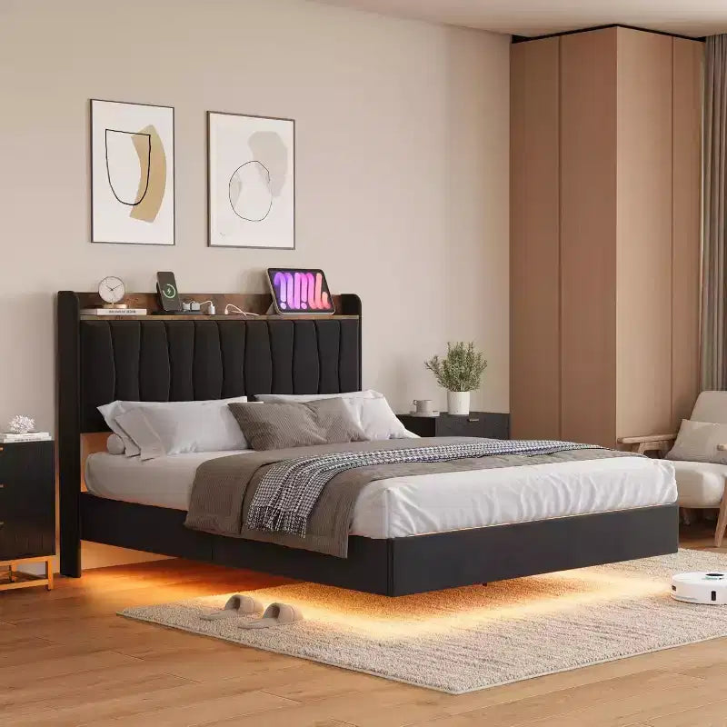 Floating Platform Bed with Headboard, LED Lights & Charging Ports