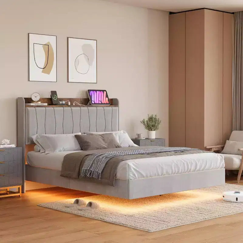 Floating Platform Bed with Headboard, LED Lights & Charging Ports