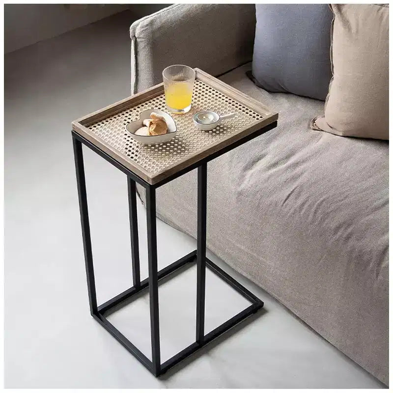 C-Shaped End Table with Woven Rattan Tray Top, Black