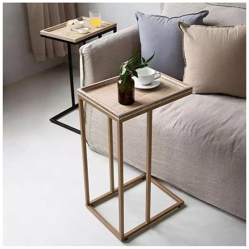 C-Shaped End Table with Woven Rattan Tray Top, Black