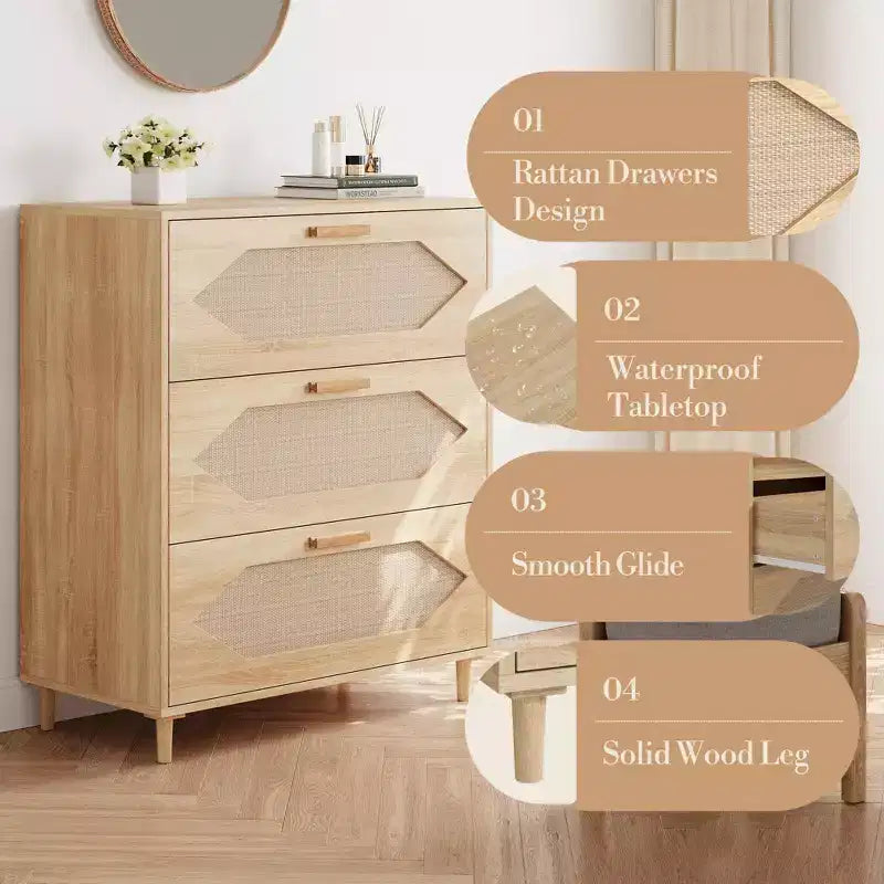 3-Drawer Dresser Storage Cabinet, Wooden Sideboard with Drawers, Suitable for Living Room & Bedroom