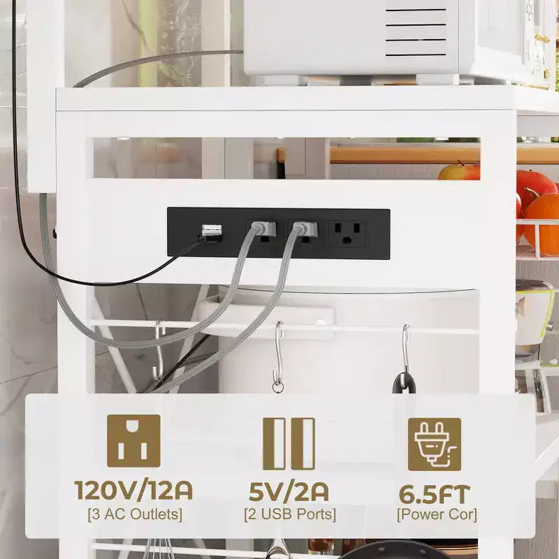 Kitchen Storage Shelf with 6-10 Hooks, Bakers Rack with Power Outlet