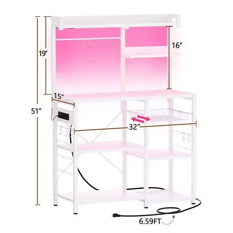 Kitchen Storage Shelf with 6-10 Hooks, Bakers Rack with Power Outlet